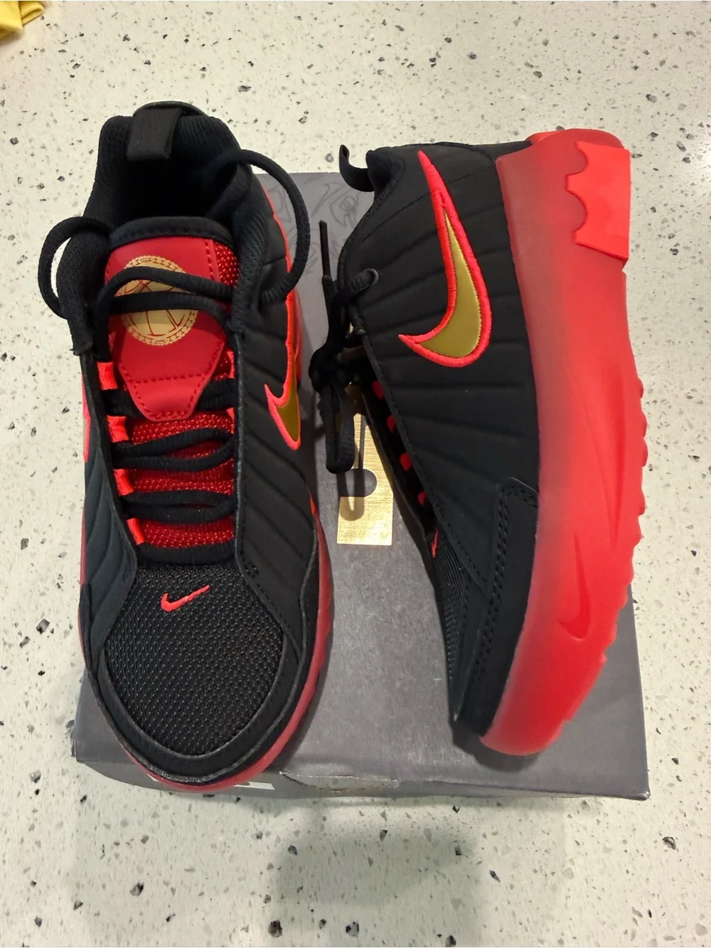 New boys Nike LeBron Sz 1 Black Shoes with Orange Accents